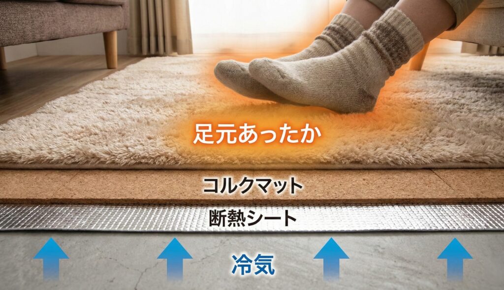 冷え性 改善 足元あったか 断熱シート 断熱材 コルクマット 床暖房 靴下 厚手 体調不良 体調管理 風邪予防 インフルエンザ コロナ コロナウイルス 温活