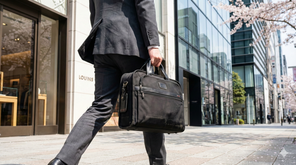 TUMIのビジネスバッグをもって歩く人