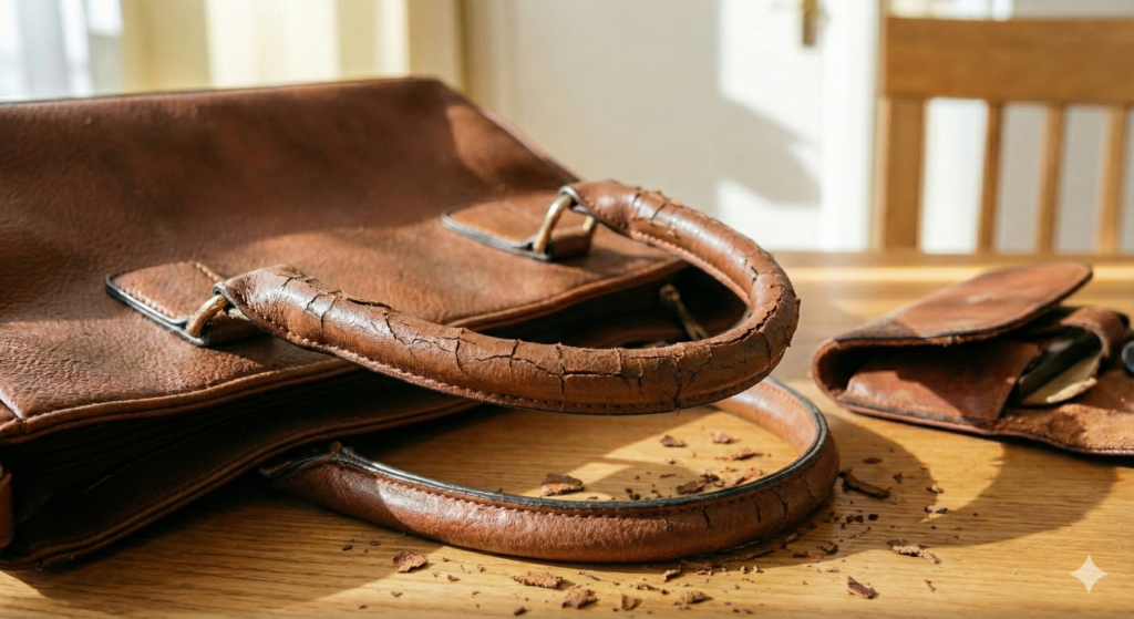 加水分解により持ち手がボロボロになった合皮製のハンドバッグ