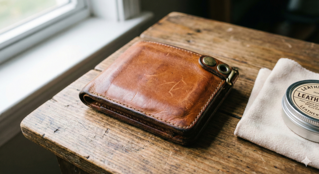 長年の使用で経年劣化したレザーウォレット