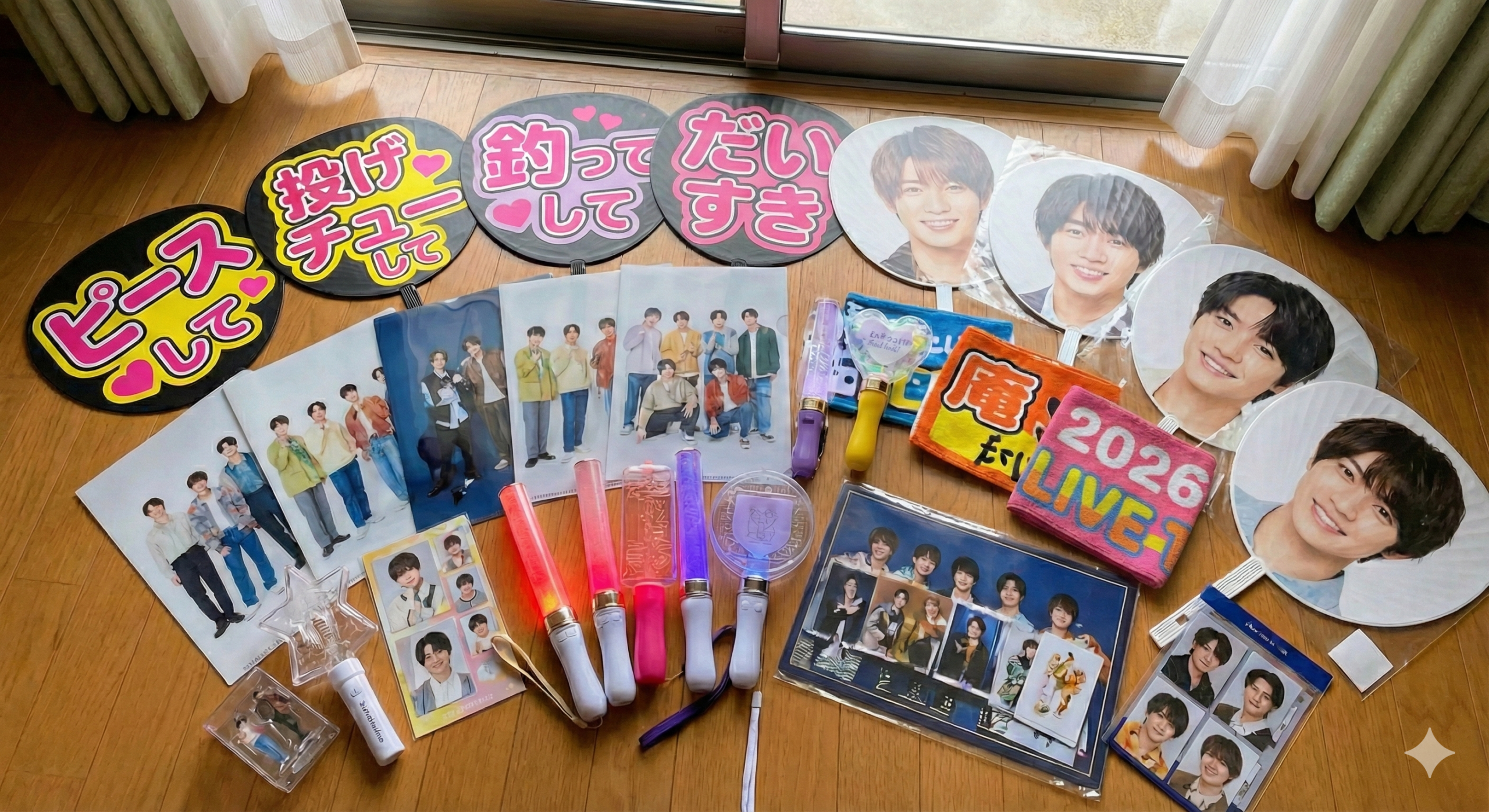 架空の男性アイドルグループのコンサートグッズを床に大量に並べている様子