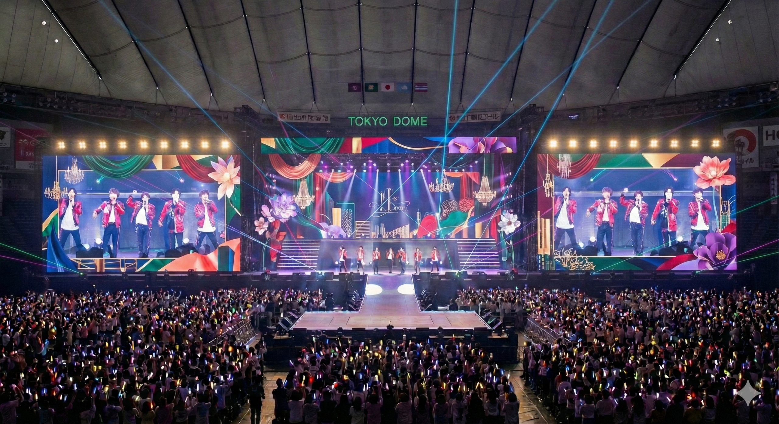 ドーム会場で男性アイドルがコンサートを行っている様子