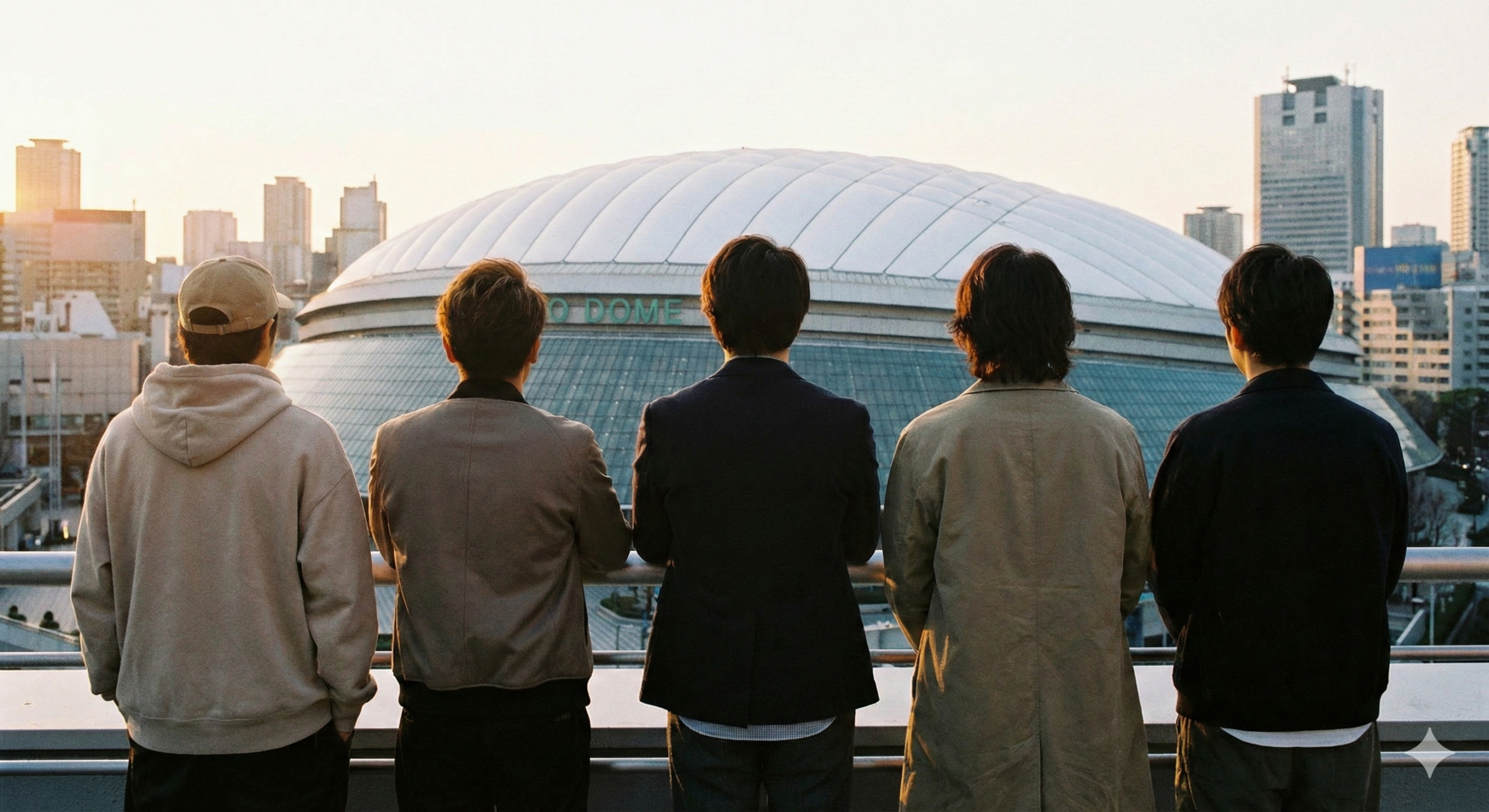 架空の男性アイドルグループが東京ドームを見つめている後ろ姿
