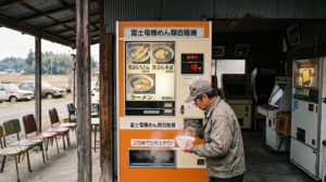 昭和レトロな富士電機めん類自販機で、作業服の男性が湯気の立つラーメンを受け取る様子。自販機には日本語のメニューと『25秒で出来上がり！』の文字、『調理中』のデジタルタイマー（18秒）が表示されており、当時の日本の技術力と温かみのあるアイデアを伝えている。背景にはレトロな椅子やゲーム機。