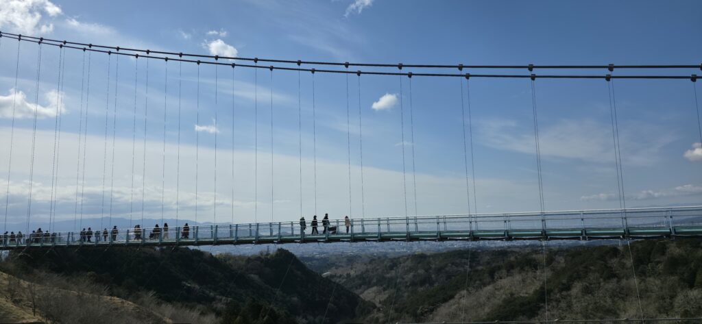 三島スカイウォークのロングジップスライドから見た吊り橋