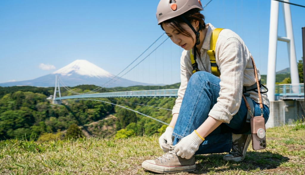 スニーカーの靴ひもを結び直している女性