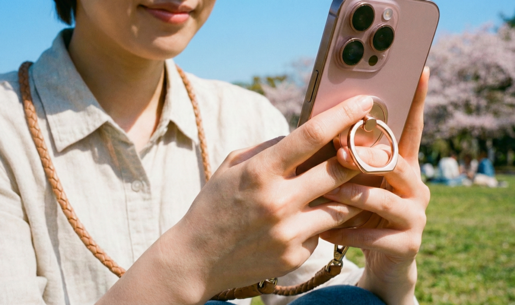 スマホストラップとスマホリングが装着されたスマートフォン